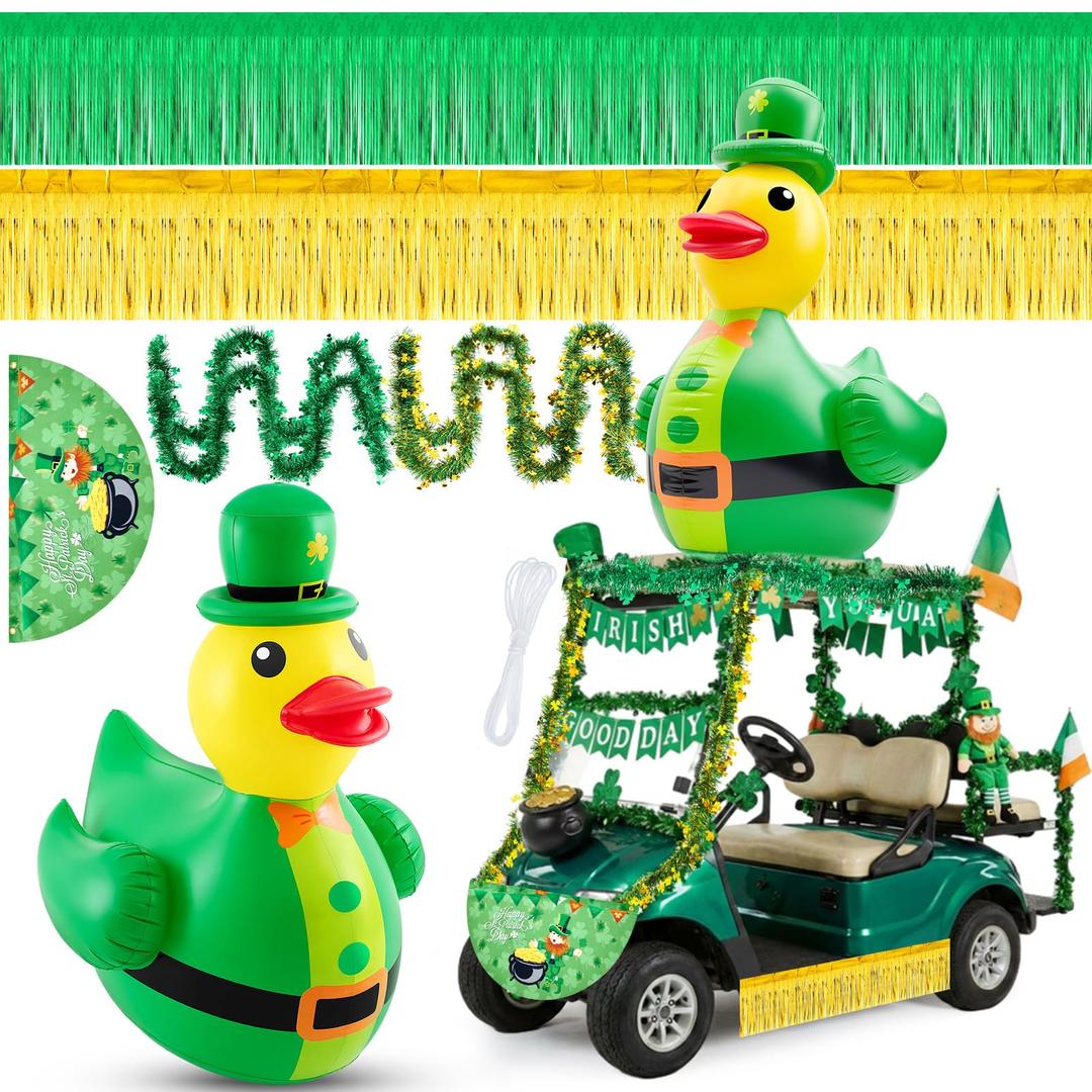 Hungdao St Patrick's Day Golf Cart Decorations Kit 4ft Inflatable Duck Blow up Kit Shamrock Car Decorations with Tinsel Garlands Fan Flag for Parade Outdoor Yard Party