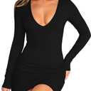 Women Sexy Long Sleeve Bodycon Mini Dress Deep V Neck Ruched Club Party Going Out Dress (Large, Black)