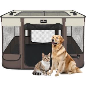 Foldable Pet Kitten Playpen, Upgrade Waterproof Portable Cat Dog Playpen Kennel Tent for Small Dog Cat, Removable Shade Cover, Come with Free Carrying Case, Indoor Outdoor Use for Small Pet, Brown (Brown 03)