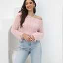 2025 Fall Cropped Sweater for Women Off The Shoulder Pullover Fluffy Knit Fashion Crop Top Holes Design (Pink, L)