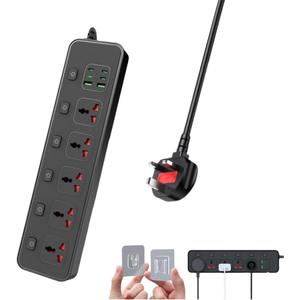 UK Plug Power Strip with Individual Swtich, Jumpso 6ft Universal Extension Cord with 5 Outlets and 2 USB 4 USB C Ports, Max 3000w, 110-240v, Multiple Outlets Plug Adapter for Office Travel