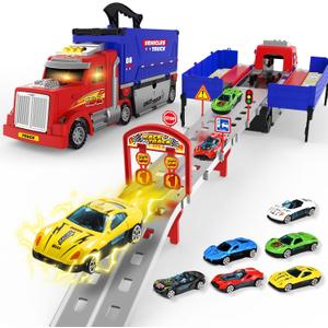 Carrier Truck Race Track Toys, Truck Toys for 3, 4, 5, 6, 7, 8 Years Old Kids, Foldable Transport Truck Toys Car with Lights & Sounds, 6 Metal Cars, Birthday Gifts for Toddler Boys Girls