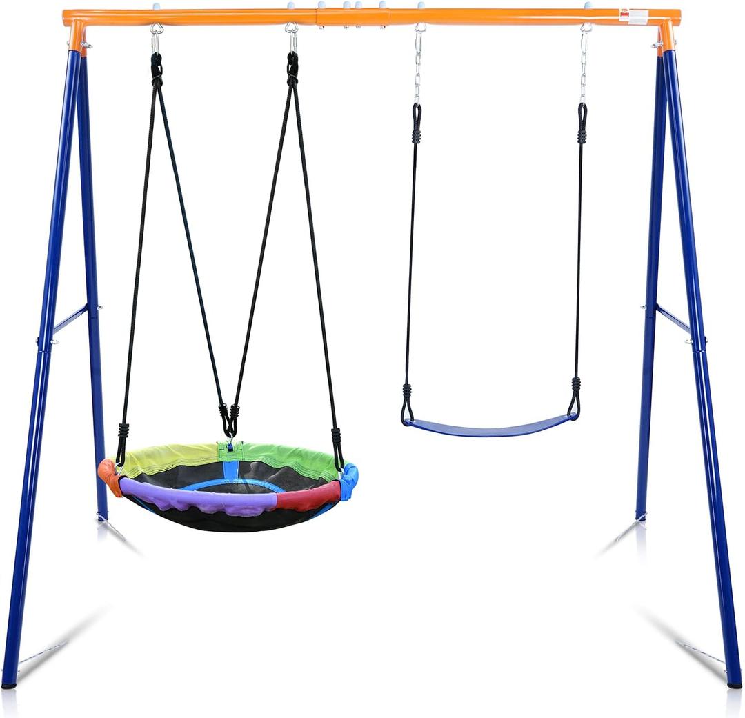 Lunafun Swing Sets for Backyard, 440lbs Swing Set with Heavy-Duty A-Frame Metal Stand, 1 Saucer Swing Seat & 1 Belt Swings Seat