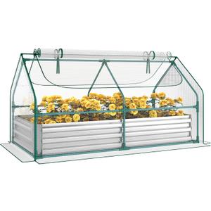 Miory Raised Garden Bed with PE Cover, 6x3x1 FT Galvanized Planter Box Outdoor with Greenhouse Cover, 2 Large Zippered Screen Windows for Vegetables, Flowers, Includes Labels & Gloves