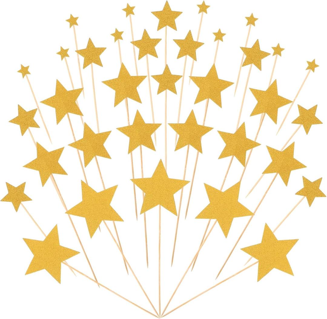 Gold Stars Cupcake Toppers, 35 Pieces Glitter Twinkle Star Cupcake Picks Bridal Shower Cake Toppers Mixed Size Golden Little Star Cupcakes Topper for Wedding Engagement Birthday Party Decorations