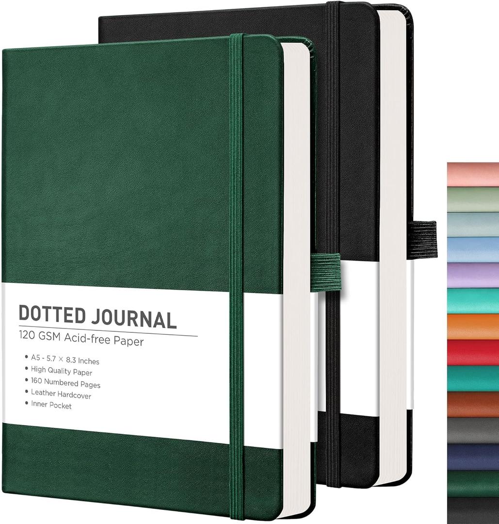 RETTACY Bullet Dotted Journal Notebook, Pack of 2, 160 Numbered Pages per Pack, A5 Medium Size (5.7'' x 8.3''), 120 GSM Thick Paper, Leather Hardcover, for Bullet Journaling (Black & Dark Green)