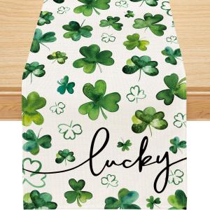 Siilues St Patricks Day Table Runner, Lucky St Patricks Day Decoraions Green Shamrock Seasonal Spring Holiday Table Decorations for Indoor Outdoor Dining Table Decor (13'' x 48'')