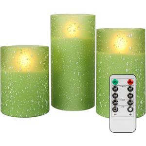 Green Flameless Candles with Remote, LED Flickering Battery Operated Pillar Candles with Time, Safe for Home Decor, 3 Sizes (3x4, 3x5, 3x6), No Flame, Ideal for Parties and Events
