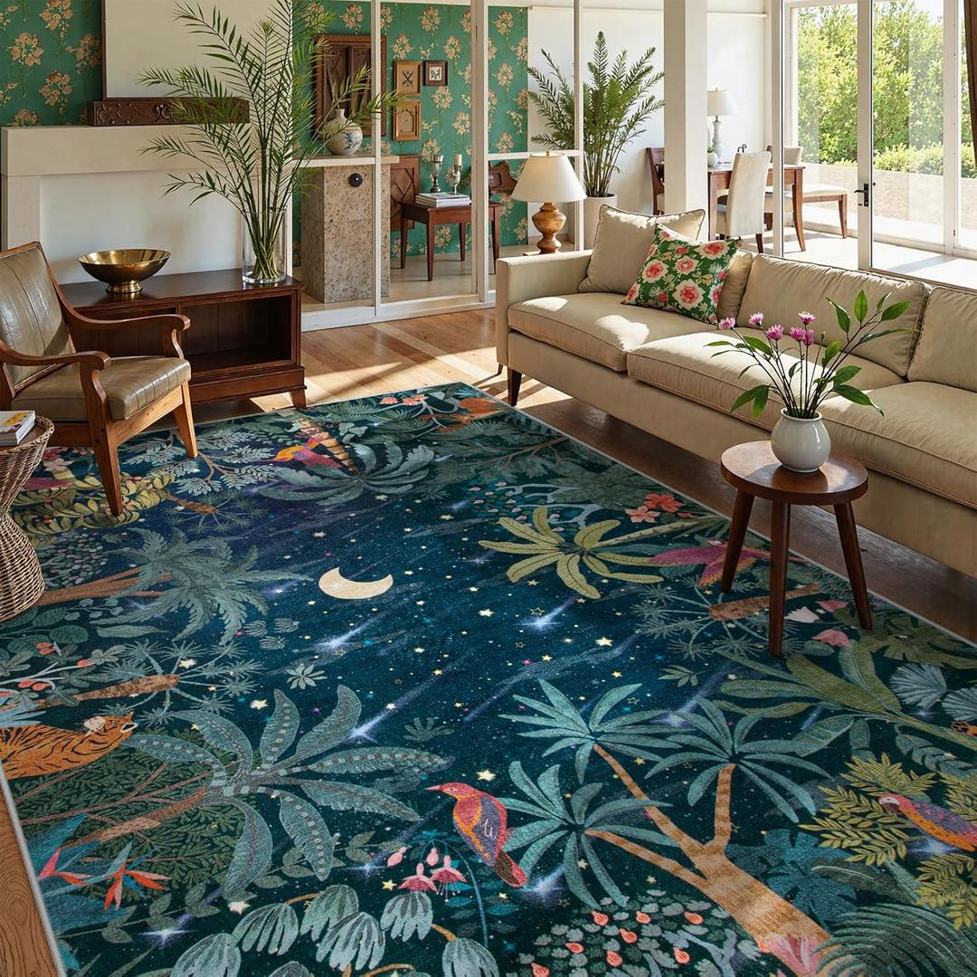 Lahome Midnight Jungle Rug, Area Rugs 9x12 Living Room Green Forest Dining Room Rug, Washable Large Rugs for Bedroom Classroom Non Slip Non Shedding Floor Carpet for Guestroom Office (9' x 12')