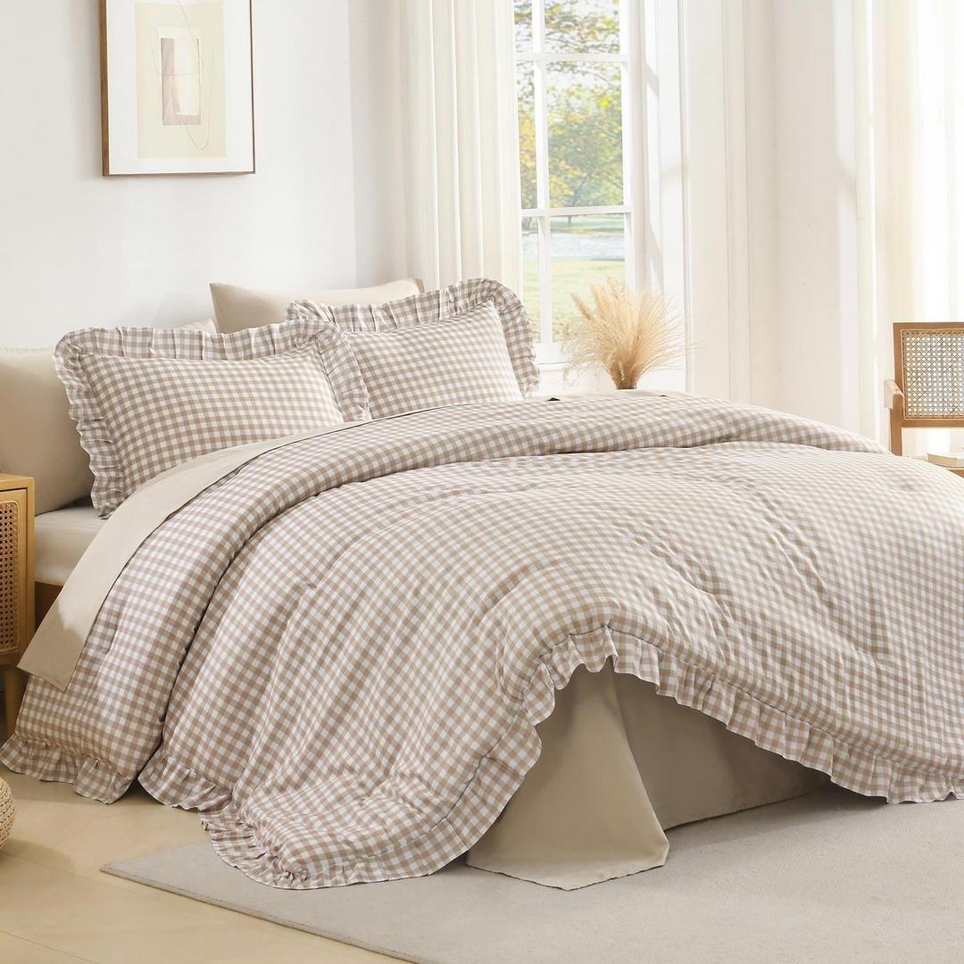 Andency Tan Gingham Ruffle Comforter Full (79x90Inch), 3 Pieces(1 Ruffled Comforter and 2 Pillowcases) Solid Farmhouse Shabby Chic Bed, Vintage Rustic Soft Polyester Bedding Set
