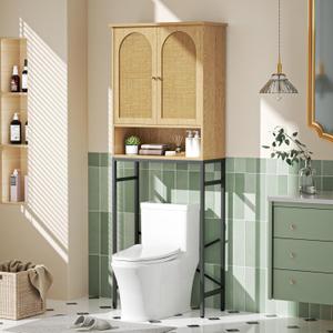 Rattan Toilet Storage Cabinet, Over the Rack Wood Cabinet with Metal Stand, Bathroom Organizer with Adjustable Shelf, Tall Freestanding Washer Shelf, Small Cupboard, Space Saver, Natural style (68.9"H)