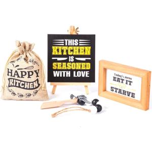 Rustic Farmhouse Kitchen Decor Set - 5-Piece Wooden Signs with Funny & Inspirational Quotes, Free-Standing Shelf & Tabletop Decor for Counter, Dining Room, Cafe - Housewarming Gift for Chef, Home