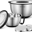HAPPY KIT 18/8 Mixing Bowls With Lids Set of 2,Stainless Steel Mixing Bowl With Pour Spout, Non-slip Handle and Bottoms, 3 Grater Attachments, Measurement Marks & Lid, Size 5, 3QT(Black)
