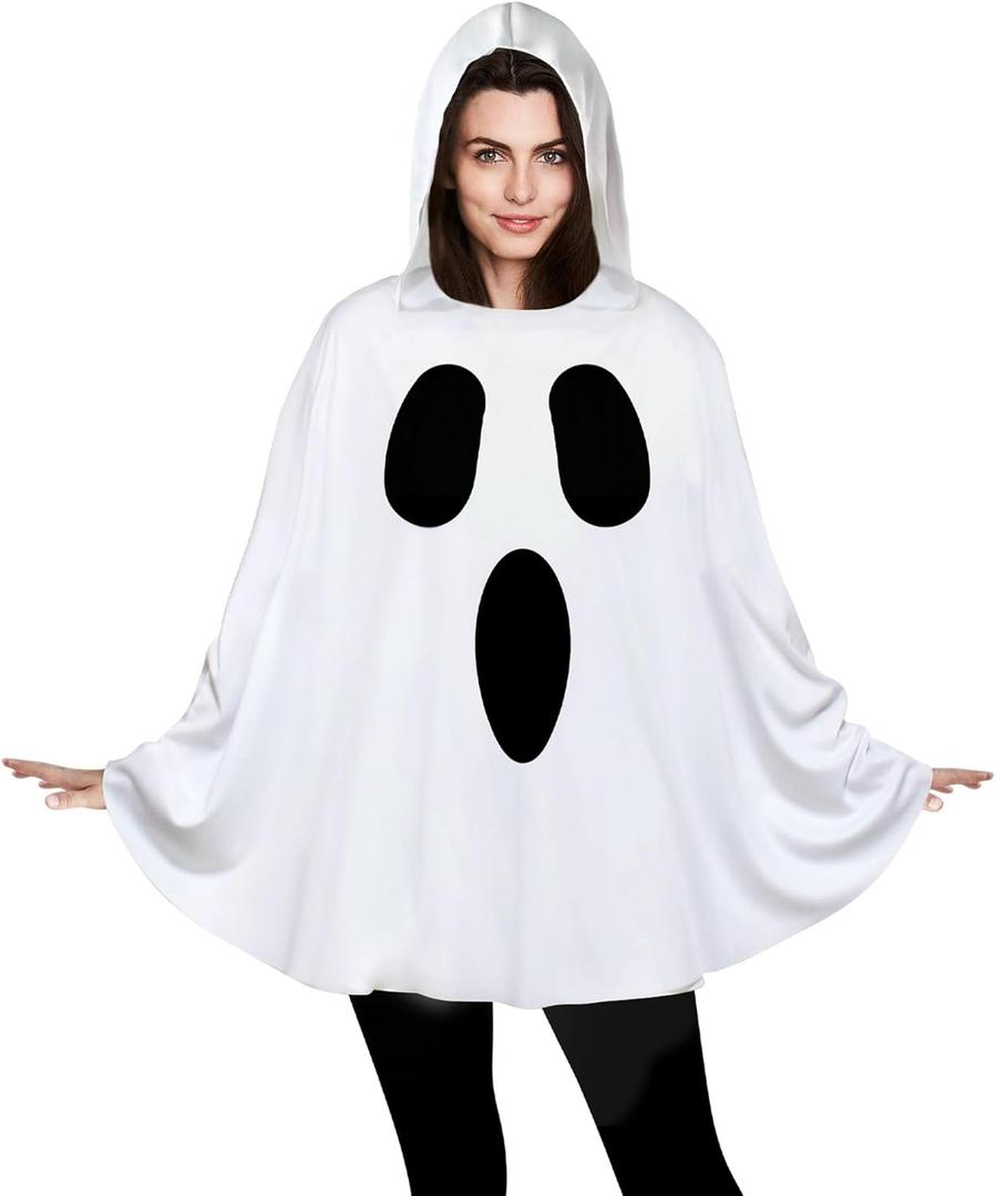 Oskiner Ghost Costume for Adults,White Ghost Poncho Hooded Cape,Spooky Halloween Costume for Women