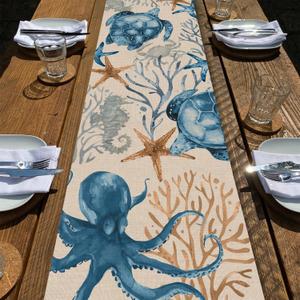 Seliem Summer Octopus Turtle Starfish Coral Coastal Table Runner, Under The Sea Home Kitchen Dining Teal Marine Life Decor, Ocean Creature Nautical Beach Decorations Indoor Outdoor Party Supply 13x36 (Table Runner 13''X36'')