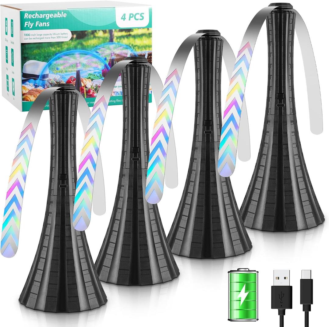 Fly Fans for Tables Rechargeable, Flies Fan to Keep Flies Away by Soft Blades, Food Fans for Camping, Picnic, Fishing, 4PCS, Blackï¼ŒParty Essentials Picnic Accessories for Outside, 2000mah