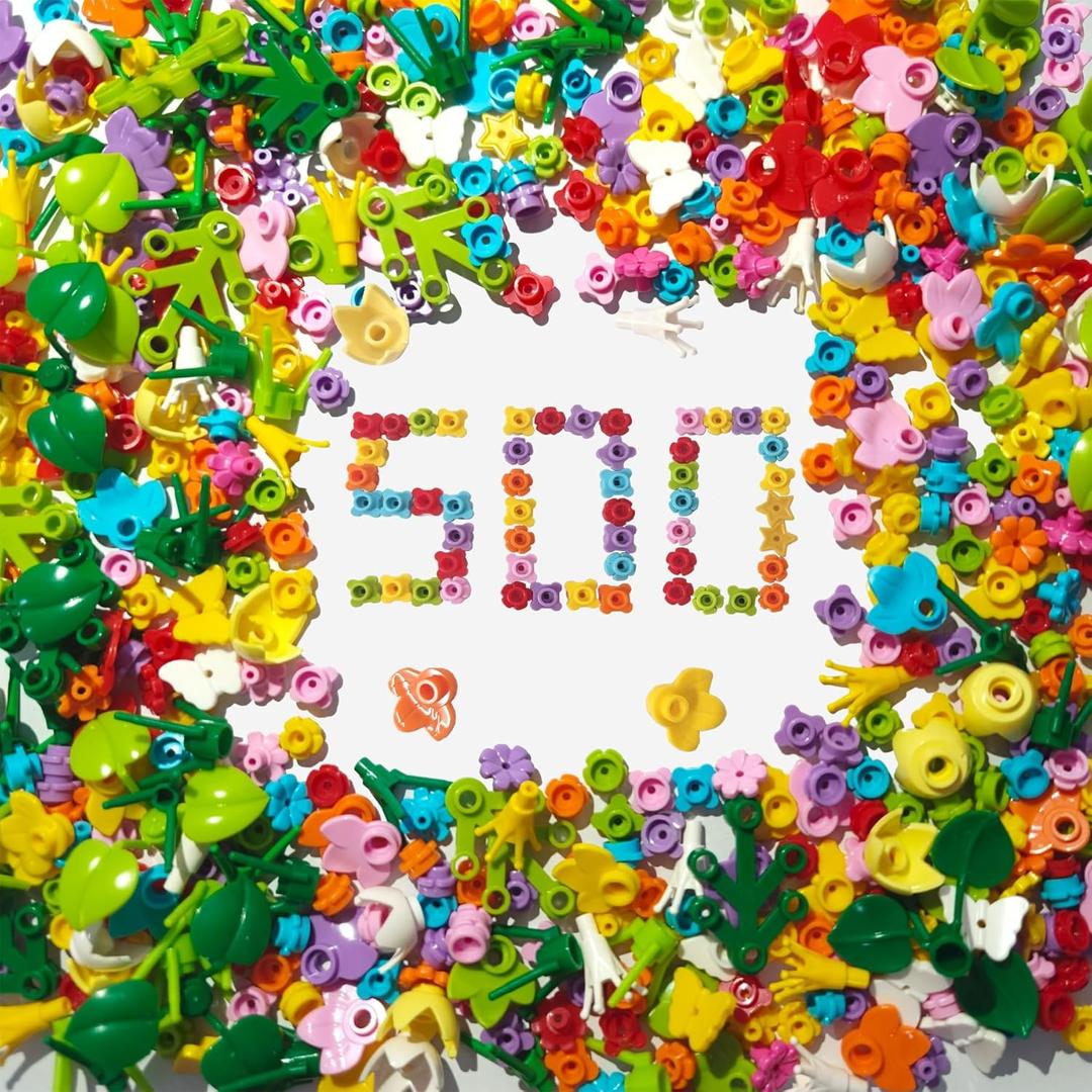 500 PCS Plants Flowers Bulk Assortment Building Set, 11 Size Accessories for DIY Building, Compatible with Lego Parts and Major Brands