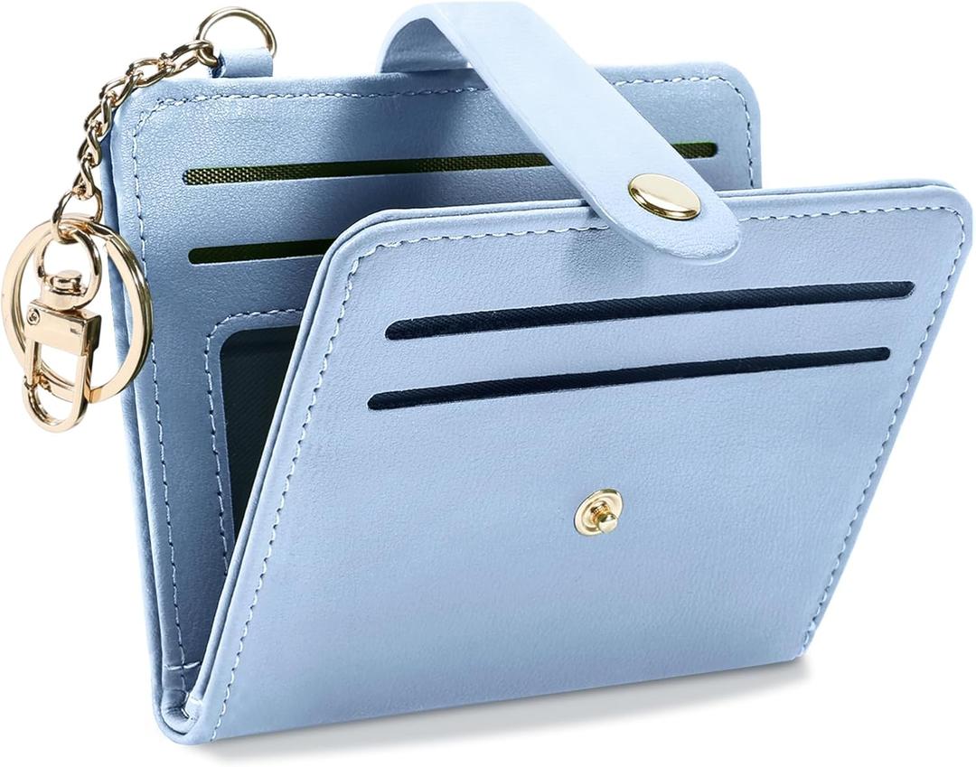 Small Wallets Woman RFID Blocking Leather Credit Card Holder - with ID Window - Card Wallets for Women - with Zipper Coin Purse - Keychain Wallet (Blue)