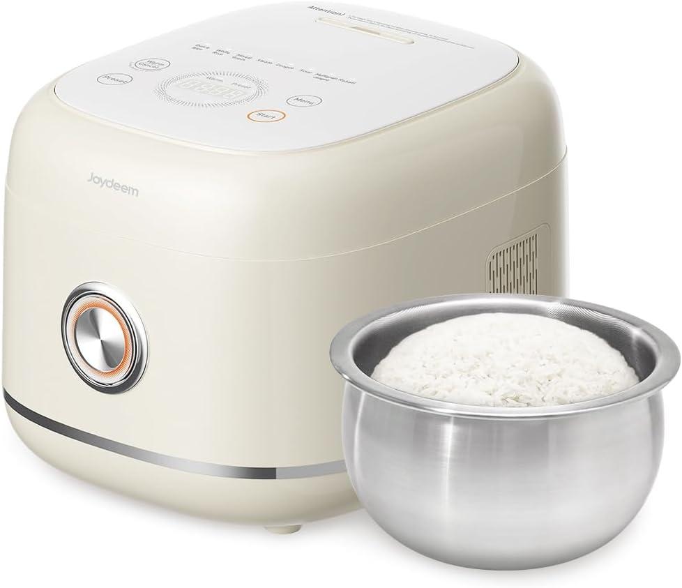 Joydeem Stainless Steel Rice Cooker, Uncoated Non-Stick 316L Stainless Steel Inner Pot, 6 Cup Uncooked, 3L/3.2 qt, DFB-D300, Cream Color
