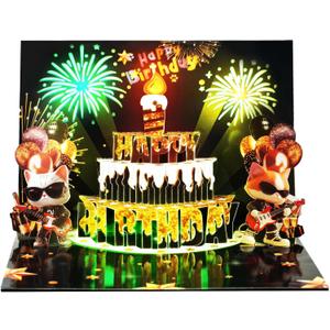 Musical Birthday Cards, Cool Cat Light & Blowable Candle Funny 3D Pop up Happy Birthday Card Gift for Men Boyfriend Husband Son Kids