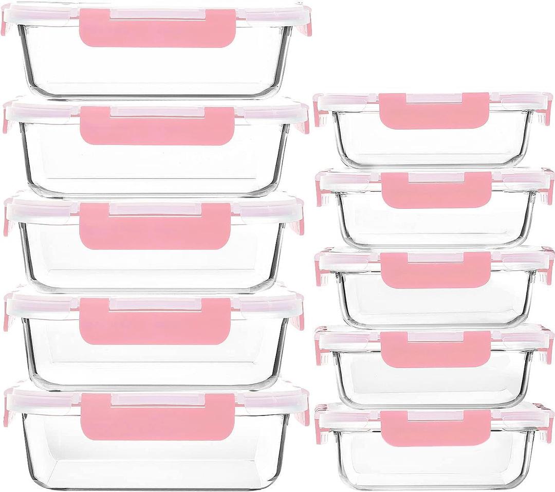 M MCIRCO [10-Pack Meal Prep Containers with Snap Locking Lids, Glass Airtight Lunch, Food Storage Containers, Microwave, Oven, Freezer and Dishwasher Friendly, Pink