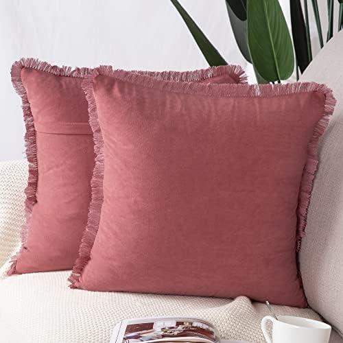 MADIZZ Set of 2 Suede Throw Pillow Covers with Fringe Tassels 24x24 Inch Pink Soft Decorative Cushion Cover for Sofa Bedroom Pillow Shell