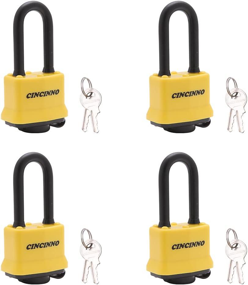 CINCINNO 4 Pack Heavy Duty Covered Laminated Steel Padlocks Keyed Alike, Weatherproof Padlocks with 1-9/16 in. Wide Body, Long Shackle for Gate, Shed, Storage Locker Lock