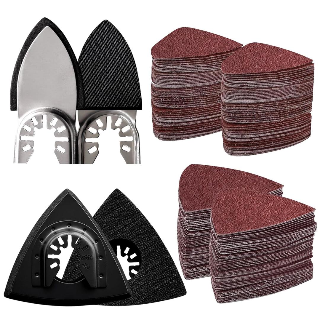 104Pcs Oscillating Tool Detail Sanding Pads Kit 2Pcs Triangle Sanding Pads and 2Pcs Finger Sanding Pad 100Pcs Multitool Sandpaper Grit Fit for Finishing Wood Sanding Plaster
