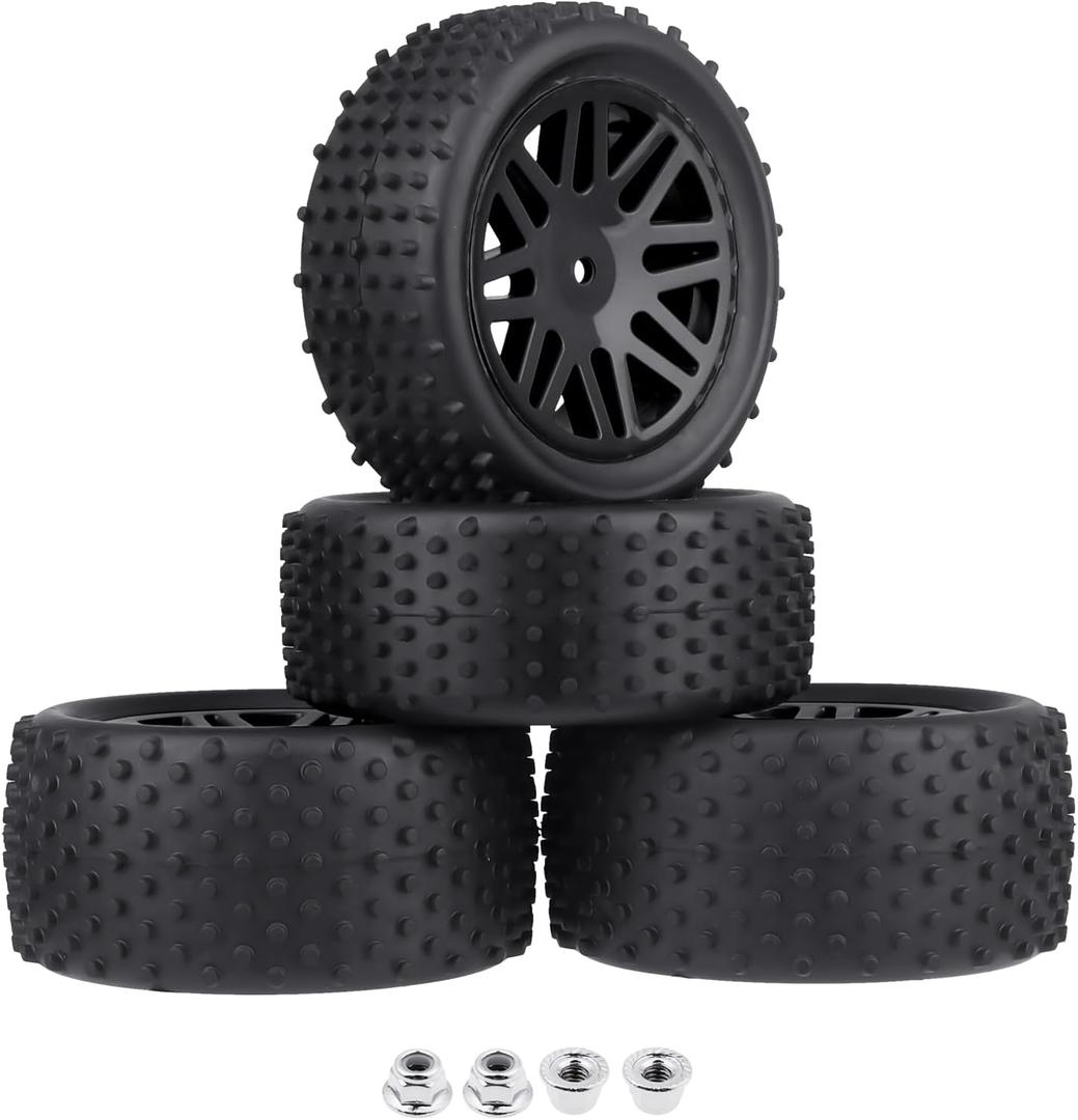 Preglued 12mm Hex Wheel Rims Rubber Tires with Foam Inserts OD 86mm/3.38" for Traxxas Bandit WLtoys 144001 Redcat 1/10 RC Off-Road Buggy Car, Set of 4 (Color A)