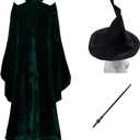 Women Professor Witch Cosplay Costume Halloween Wizard Cloak with Hat Wand Robe Coat