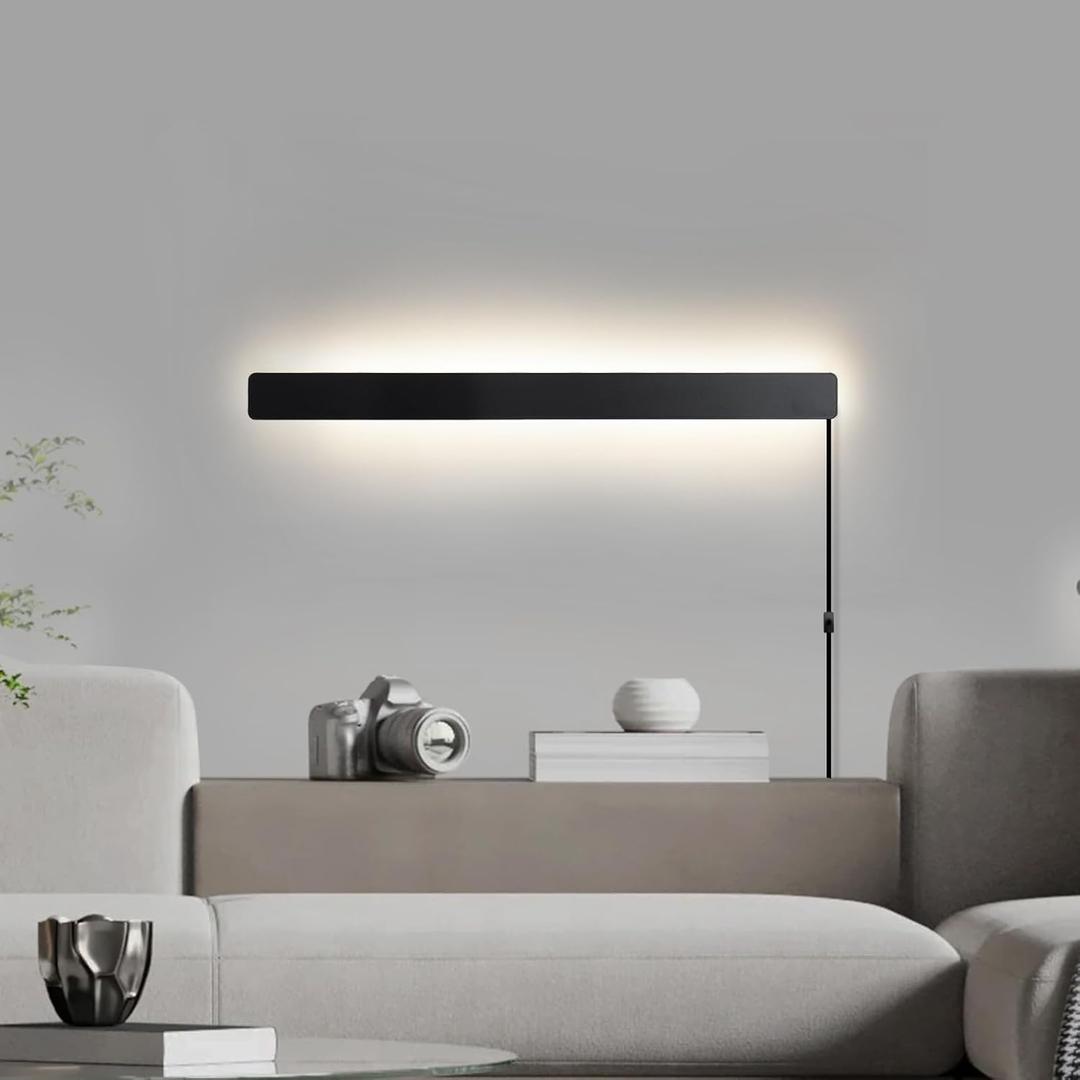 Modern Plug in Wall Sconces, 23.6 inch Frosted Black LED Long Wall Lights, 12W Warm White 3000K Acrylic Indoor Wall lamp,with 59" Plug Cable for Bedroom, Living Room, Bathroom Makeup, Hallway
