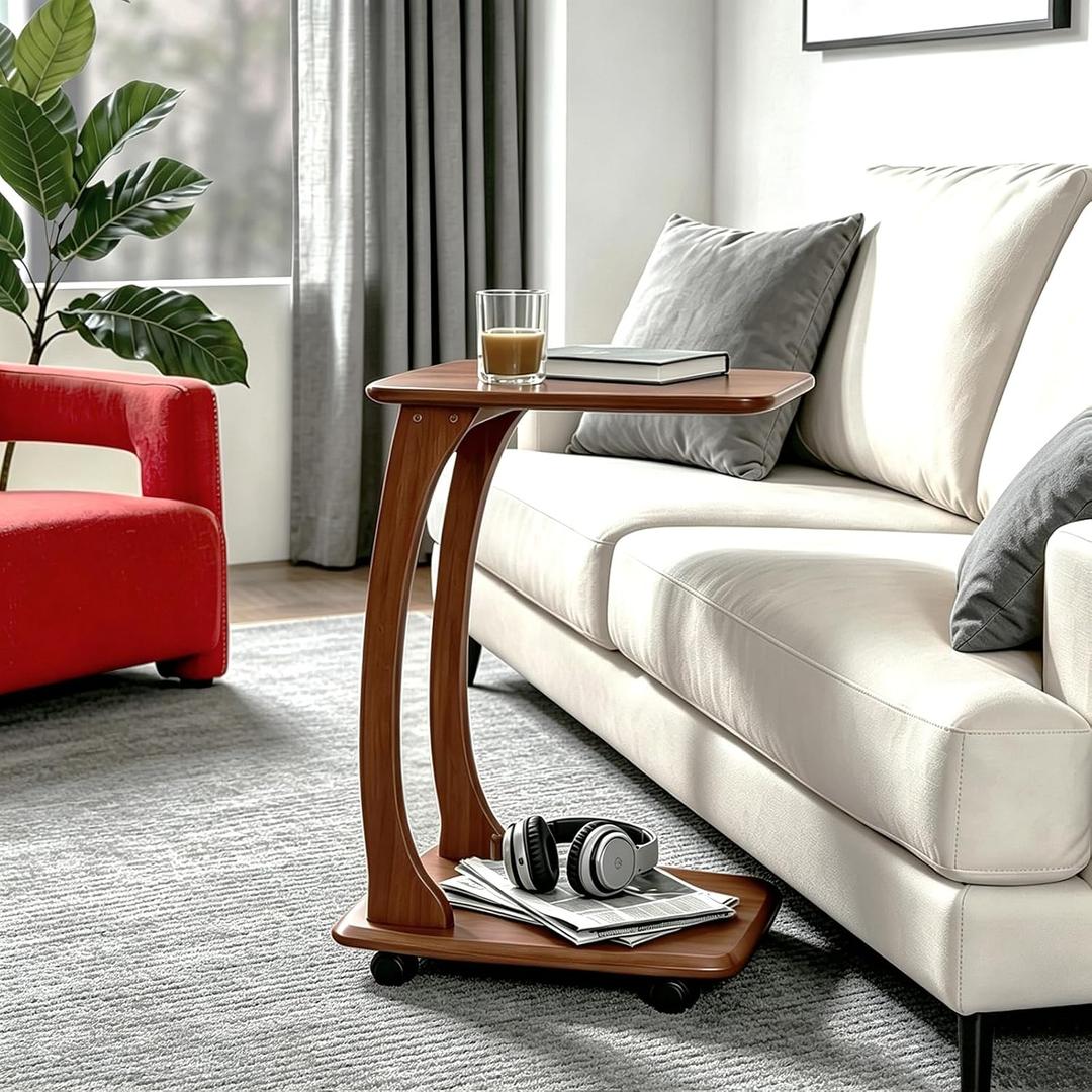 C Shaped End Table, C Table with Wheels, TV Tray Table, Side Table for Living Room, Bedroom (Walnut Color) (18.1" D x 13.7" W x 24.8" H)