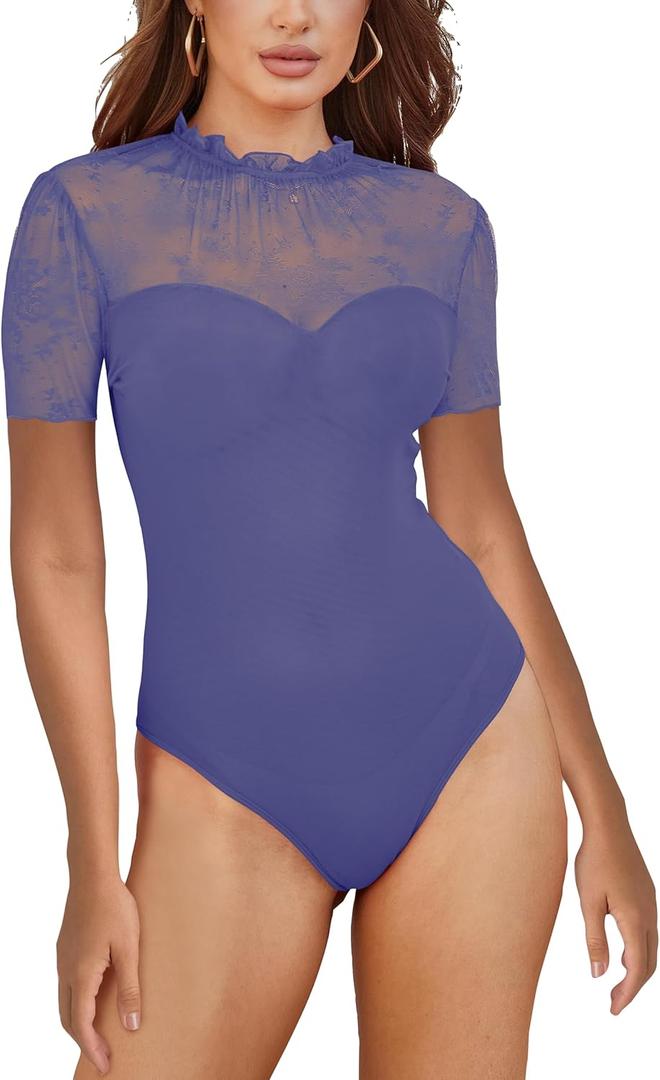UEOIOW Women's Crew Neck Lace Mesh Short Sleeve Bodysuit Outfits Tops Sexy Thong Bodysuit Blue, XXL