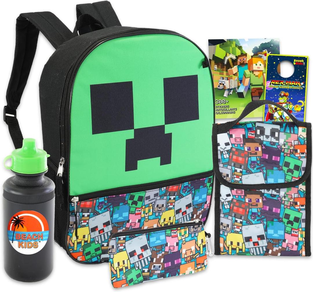 Minecraft Kids School Backpack Set - 16' Backpack, Lunch Box, Water Bottle, Pencil Pouch, Stickers & More