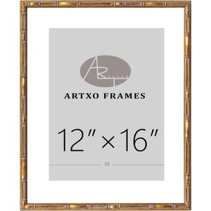 ArtXO 12"x16" Picture Frame Wooden, Display Pictures 8.5"x11" with Mat or 12"x16" Without Mat,Gold Bamboo Poster Frames,Hanging Photo Frame Wall