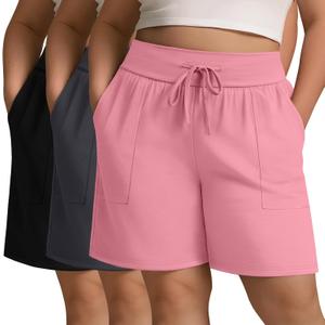 3 Pack Women's Plus Size Cotton Shorts, Drawstring Sweat Shorts Loose Lounge Running Athletic Shorts with Pockets (Black, Dark Gray, Pink) 3X-Large