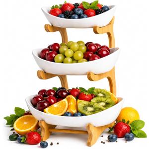 Fruit Bowl Stand 3-Tier, Bamboo Frame with White Porcelain Dishes, Elegant Countertop Organizer for Fruits, Vegetables, Bread, Snacks and Home Kitchen Display