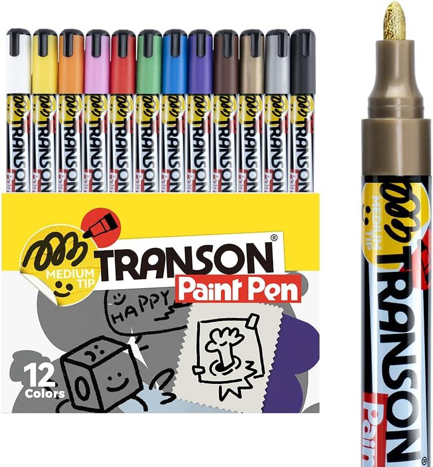 TRANSON 12 Colors Permanent Paint Markers for Fabric Rock Craft Diy Painting Medium Tip Oil Based Waterproof