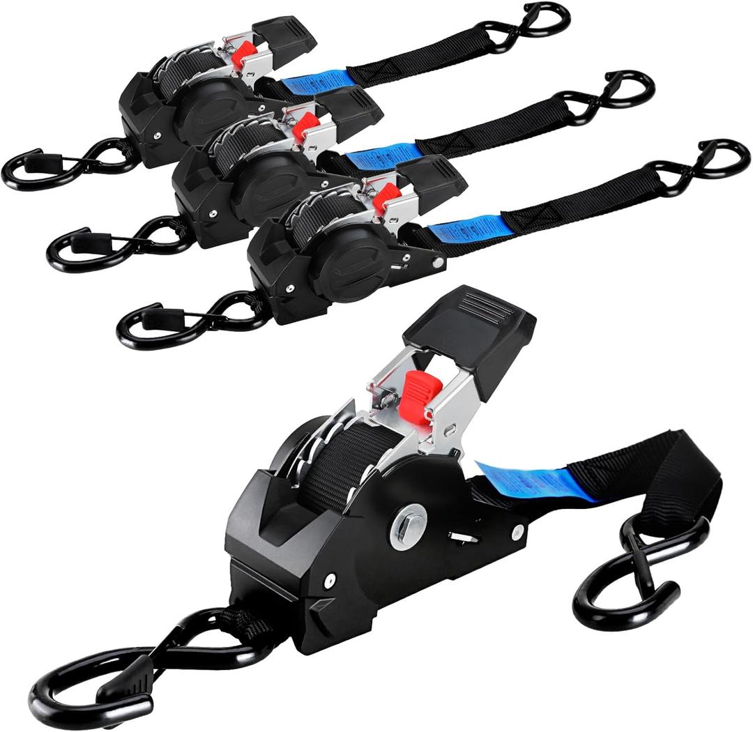 TLGREEN Retractable Ratchet Straps,Black,4 Pack,1 x 101650lb Break Strength Heavy Duty Auto Self Retracting Tie Down Straps for Truck, Cargo, Motorcycle, ATV, UTV,Boat