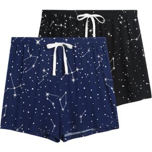 2 Pack Pajama Shorts for Women Cotton Sleep Shorts Casual Lounge Pants Drawstring Pj Bottoms (Medium, Black Star & Navy Star)
