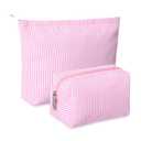 Huhumy 2 Pcs Makeup Bag Set Cute Cosmetic Pouch for Women Seersucker Travel Toiletry Bag Preppy Small Makeup Purse Pouch Aesthetic Skincare Brushes Storage Organizer for Valentine Women (Pink)