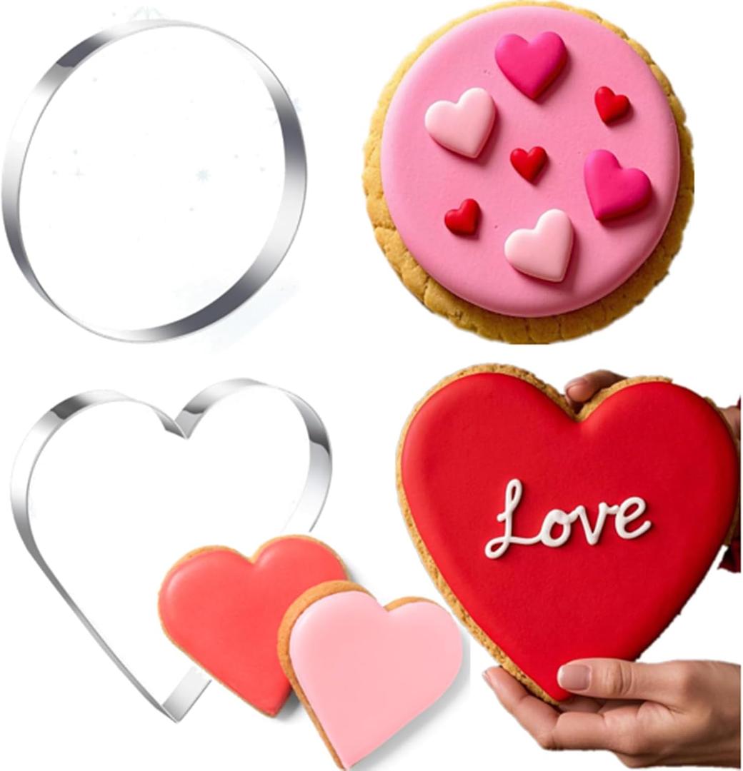 2 Pcs Extra Large Valentine's Day Cookie Cutters 8" Heart Shaped and Round Stainless Steel Giant Cookie Cutters for Holiday Baking
