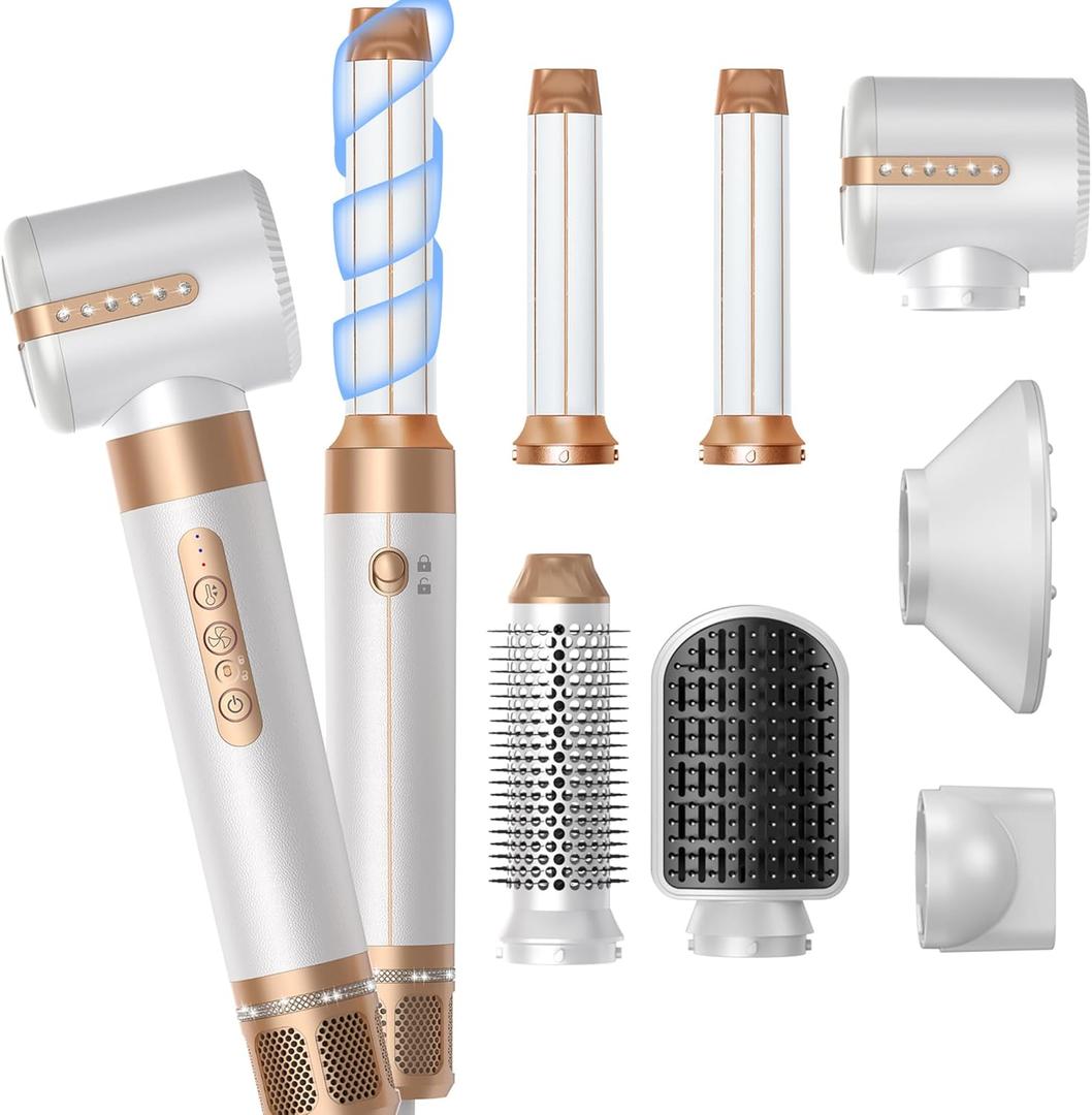 Blow Dryer Brush 7 in ONEAutowrap Curling Wand, 110,000 RPM High-Speed Negative Ionic Hair Dryer with Diffuser Concentrator, Round Brush Blow Dryer Air Styler, Volumizing Hair Styling Tools (White Gold)