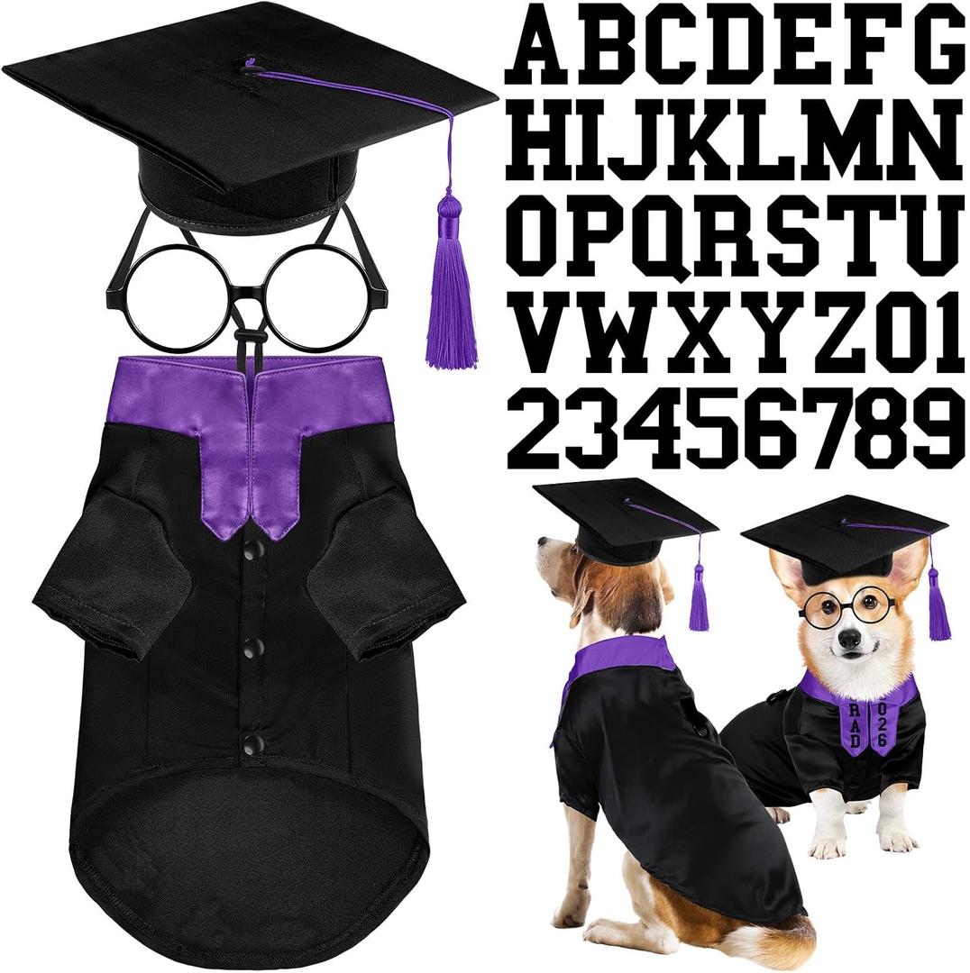 Huhumy 5 Pcs Dog Graduation Costume Set Include 2026 Pet Graduation Gown with Stole Puppy Grad Cap Lensless Glasses DIY Letter Stickers for Dogs Cats Holiday Costume Accessory(Black Purple,L)