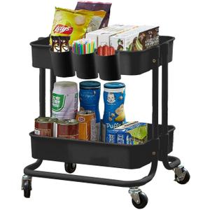 Melody House 2-Tier Utility Rolling Cart Storage Sofa Side Table with Wheels, Mobile Trolley Organizer with for Office Home Kitchen Organization, Black