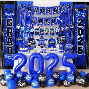 Graduation Decorations Class of 2025, Door Porch Signs, Congrats Grad Hanging Swirls, Streamer Backdrop Tinsel Curtains for Men Women Graduation Party (Blue)
