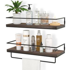 ZGO Floating Shelves for Wall Set of 2, Wall Mounted Storage Shelves with Metal Frame and Towel Rack for Bathroom, Kitchen, Bedroom (Brown)