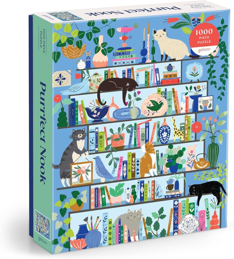 Galison Purrfect Nook  1000 Piece Jigsaw Puzzle Featuring Artwork of A Lively Cozy Shelf Made for Bibliophiles and Cat Lovers Alike