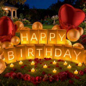 Happy Birthday Decoration for Men Women, Valentine’s Day Light Up Letters Luminary Bags with 30 Bright LED Candles, 2000 Rose Petals, 10 Red Balloons, Surprise Birthday Party Banner Signs