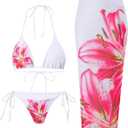 GORGLITTER Women's 3 Piece Swimsuits Floral Print Halter Triangle Tie Side Bikini Set with Cover Up Skirt (Large, White and Pink)